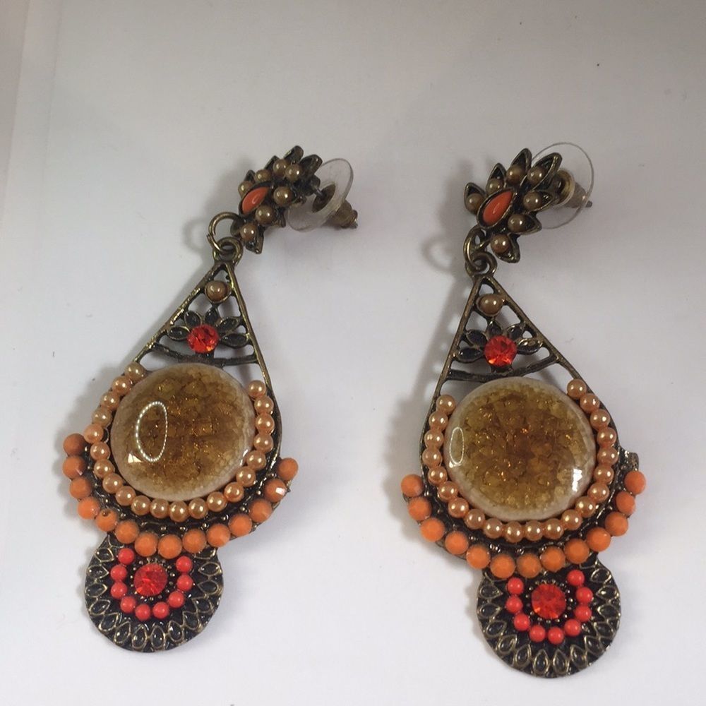 Statement Earrings. Post Dangles Orange Rhinestone - image 5